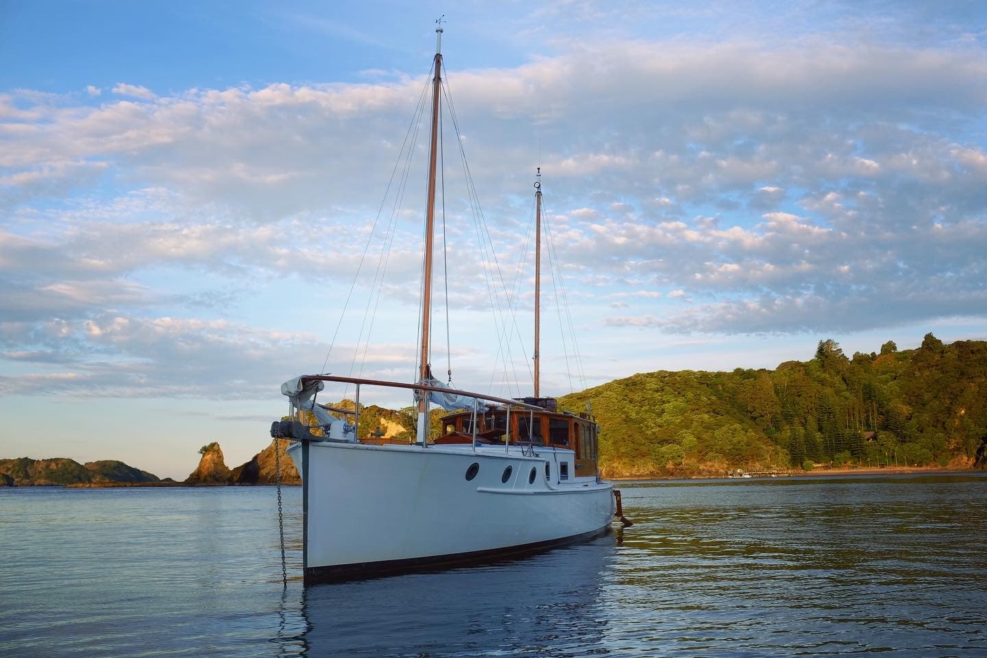 The Nereides sailing yacht anchored in a sheltered bay
