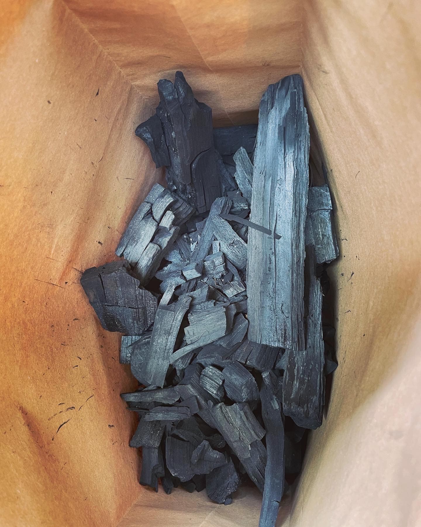 Charred timber fragments inside a wooden vessel